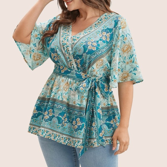 BloomChic Plus Size XL Floral Print Ruffles Belted Blouse us14-16 - Picture 4 of 5